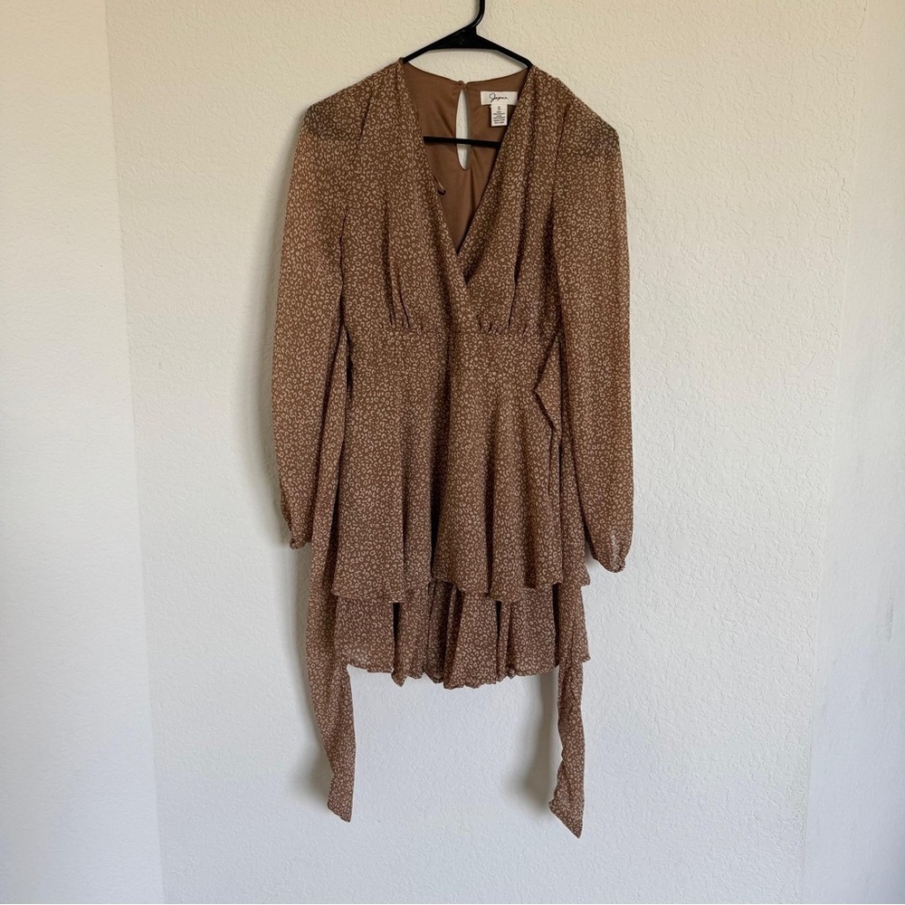 Japna Elegant Tiered Brown Long-Sleeve Dress – Size S, V Neck, Lined, Tie-Back